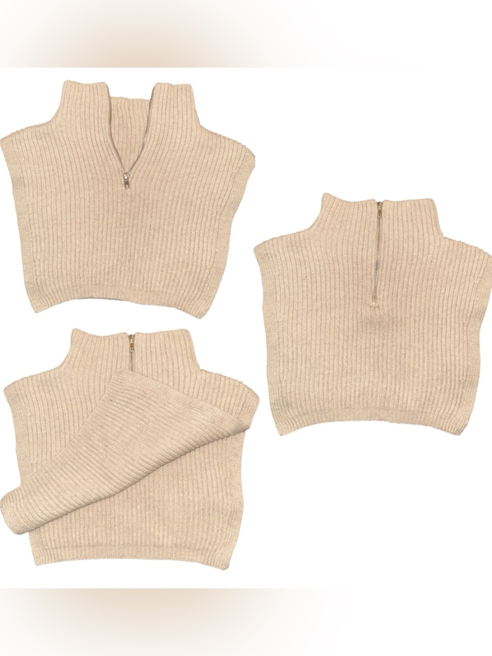 Beige Knit Half-Zip Mock Neck Sweater Vest